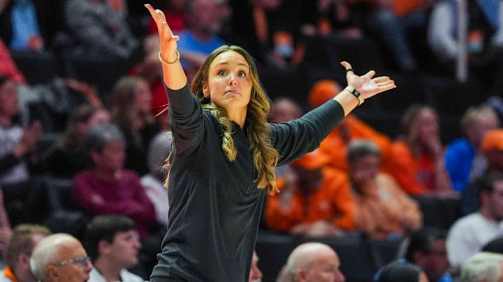 Tennessee coach Kim Caldwell gestures as she looks back on the shot clock during a NCAA women's basketball between the Tennessee Lady Vols and Belmont Bruins at Thompson-Boling Arena at Food City Center in Knoxville, Tenn. on Nov. 13, 2025.