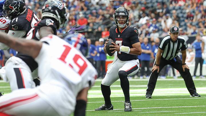 Aug 17, 2024; Houston, Texas, USA; Houston Texans quarterback C.J. Stroud (7) in action during the game against the New York Giants at NRG Stadium. Mandatory Credit: Troy Taormina-USA TODAY Sports Aug 17, 2024; Houston, Texas, USA; Houston Texans quarterback C.J. Stroud (7) in action during the game against the New York Giants at NRG Stadium. Mandatory Credit: Troy Taormina-USA TODAY Sports