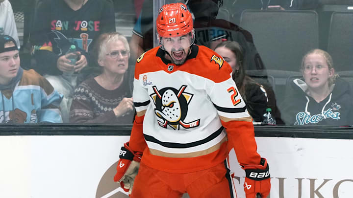 Oct 11, 2025; San Jose, California, USA; Anaheim Ducks left wing Chris Kreider (20) reacts after scoring a goal against the San Jose Sharks during the third period at SAP Center at San Jose. Mandatory Credit: Darren Yamashita-Imagn Images Oct 11, 2025; San Jose, California, USA; Anaheim Ducks left wing Chris Kreider (20) reacts after scoring a goal against the San Jose Sharks during the third period at SAP Center at San Jose. Mandatory Credit: Darren Yamashita-Imagn Images