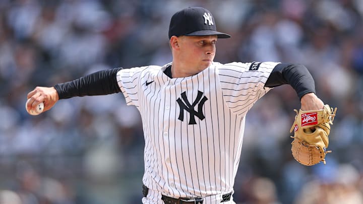 Apr 3, 2026; Bronx, New York, USA; New York Yankees pitcher Will Warren (29) delivers a pitch during the fourth inning against the Miami Marlins at Yankee Stadium. Mandatory Credit: Vincent Carchietta-Imagn Images Apr 3, 2026; Bronx, New York, USA; New York Yankees pitcher Will Warren (29) delivers a pitch during the fourth inning against the Miami Marlins at Yankee Stadium. Mandatory Credit: Vincent Carchietta-Imagn Images