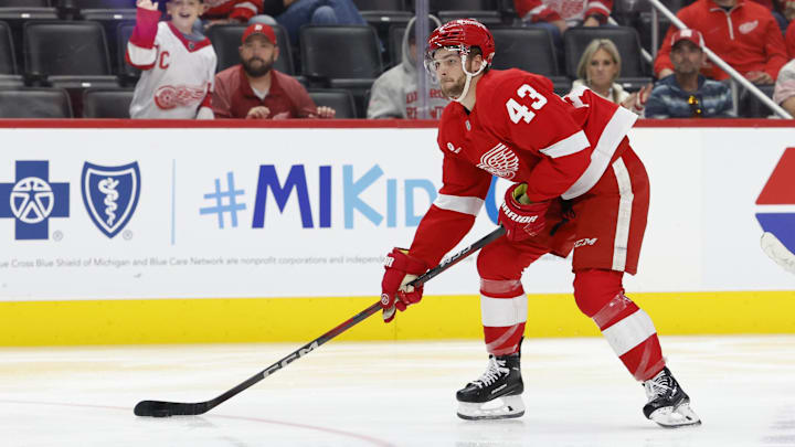 Oct 4, 2024; Detroit, Michigan, USA; Detroit Red Wings left wing Carter Mazur (43) skates with the puck in the second period against the Ottawa Senators at Little Caesars Arena. Mandatory Credit: Rick Osentoski-Imagn Images Oct 4, 2024; Detroit, Michigan, USA; Detroit Red Wings left wing Carter Mazur (43) skates with the puck in the second period against the Ottawa Senators at Little Caesars Arena. Mandatory Credit: Rick Osentoski-Imagn Images