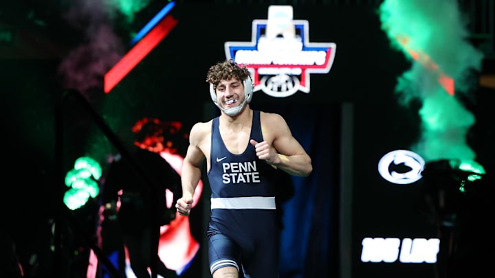 Penn State Nittany Lions wrestler Mitchell Mesenbrink enters the arena before his 2024 NCAA championship match with Iowa State Cyclones David Carr. 