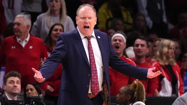Mar 22, 2024; Brooklyn, NY, USA; Wisconsin Badgers head coach Greg Gard reacts against the James Madison Dukes.