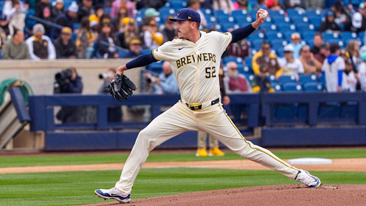 Mar 7, 2025; Phoenix, Arizona, USA; Milwaukee Brewers pitcher Bryan Hudson (52) on the mound in the first inning of a spring training game against the San Diego Padres at American Family Fields of Phoenix. Mandatory Credit: Allan Henry-Imagn Images