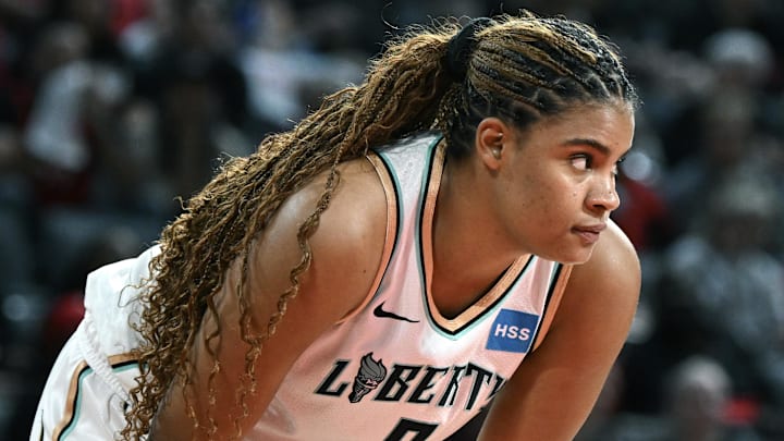 Oct 11, 2023; Las Vegas, Nevada, USA; New York Liberty forward Nyara Sabally (8) waits for the Las Vegas Aces to shoot a free throw in the second half during game two of the 2023 WNBA Finals at Michelob Ultra Arena. Mandatory Credit: Candice Ward-Imagn Images