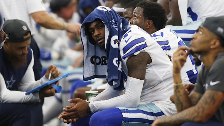Dallas Cowboys cornerback Trevon Diggs on the bench in the fourth quarter against the Carolina Panthers at AT&T Stadium. 