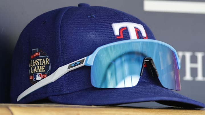 Apr 16, 2024; Detroit, Michigan, USA;  Texas Rangers cap sits in dugout in the first inning against the Detroit Tigers at Comerica Park. 