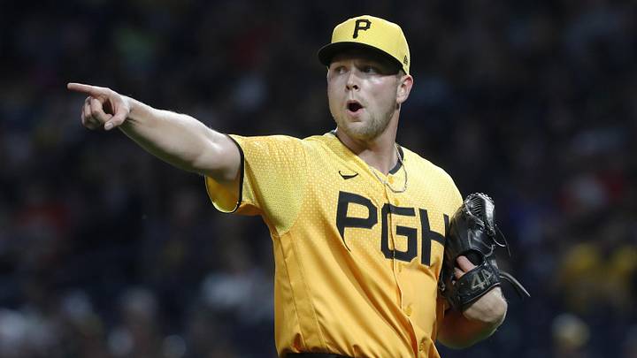 Sep 29, 2023; Pittsburgh, Pennsylvania, USA; Pittsburgh Pirates starting pitcher Hunter Stratton (63) reacts after the Pirates secured the final out of the fourth inning against the Miami Marlins at PNC Park. Mandatory Credit: Charles LeClaire-Imagn Images Sep 29, 2023; Pittsburgh, Pennsylvania, USA; Pittsburgh Pirates starting pitcher Hunter Stratton (63) reacts after the Pirates secured the final out of the fourth inning against the Miami Marlins at PNC Park. Mandatory Credit: Charles LeClaire-Imagn Images