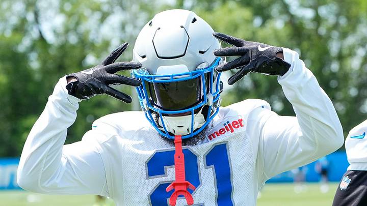 Detroit Lions cornerback Amik Robertson (21) poses for a photo next to cornerback Rock Ya-Sin (23) after practice during OTA at Meijer Performance Center in Allen Park on Friday, May 30, 2025.