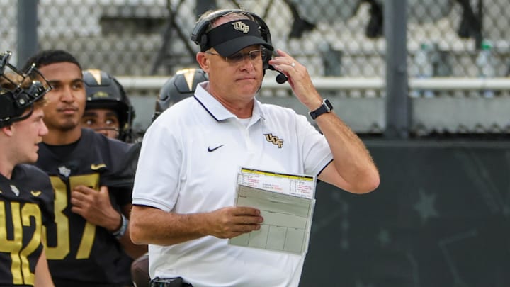 Sep 30, 2023; Orlando, Florida, USA; UCF Knights head coach Gus Malzahn walks the sideline during the second half against the Baylor Bears at FBC Mortgage Stadium. Mandatory Credit: Mike Watters-USA TODAY Sports