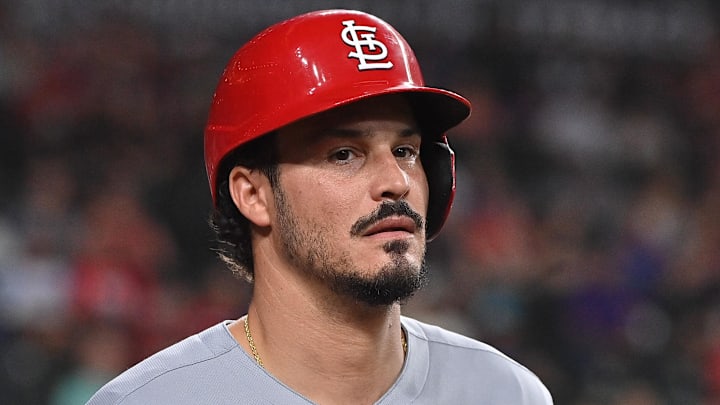 Jul 18, 2025; Phoenix, Arizona, USA; St. Louis Cardinals third base Nolan Arenado (28) looks on in the first inning against the Arizona Diamondbacks at Chase Field. Mandatory Credit: Matt Kartozian-Imagn Images