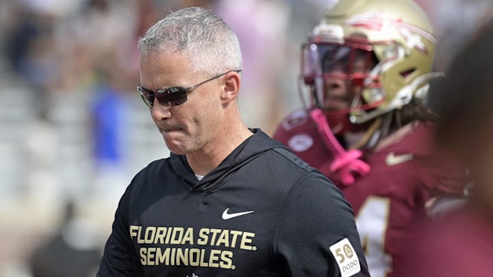 Oct 11, 2025; Tallahassee, Florida, USA; Florida State Seminoles head coach Mike Norvell after losing the game to the Pittsburgh Panthers at Doak S. Campbell Stadium. Mandatory Credit: Melina Myers-Imagn Images