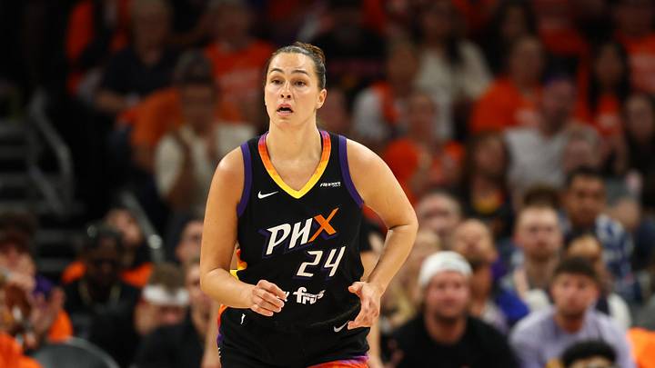 Oct 8, 2025; Phoenix, Arizona, USA; Phoenix Mercury forward Kathryn Westbeld (24) against the Las Vegas Aces during game three of the 2025 WNBA Finals at PHX Arena. Mandatory Credit: Mark J. Rebilas-Imagn Images