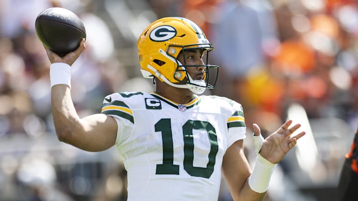 Sep 21, 2025; Cleveland, Ohio, USA; Green Bay Packers quarterback Jordan Love (10) throws the ball during the first quarter against the Cleveland Browns at Huntington Bank Field. 