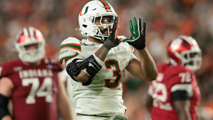 Miami Hurricanes defensive lineman Akheem Mesidor celebrates after a sack against the Indiana Hoosiers. Miami Hurricanes defensive lineman Akheem Mesidor celebrates after a sack against the Indiana Hoosiers.