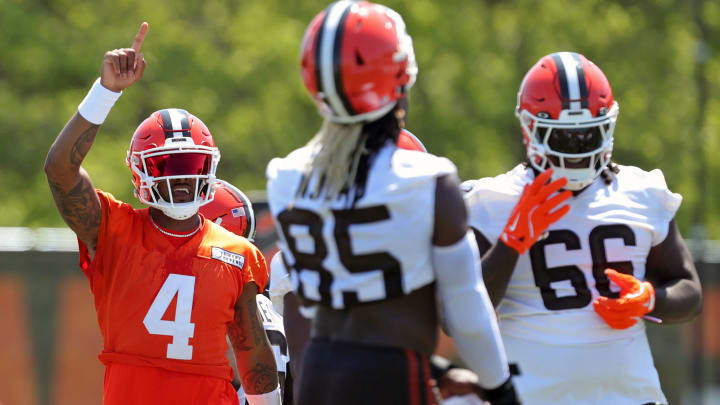 Browns quarterback Deshaun Watson shouts to teammates during minicamp, Wednesday, June 12, 2024, in Berea.