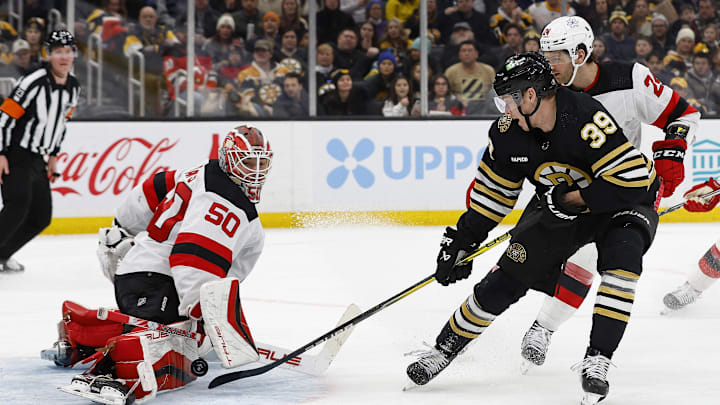 Jan 15, 2024; Boston, Massachusetts, USA; New Jersey Devils goaltender Nico Daws (50) stops Boston