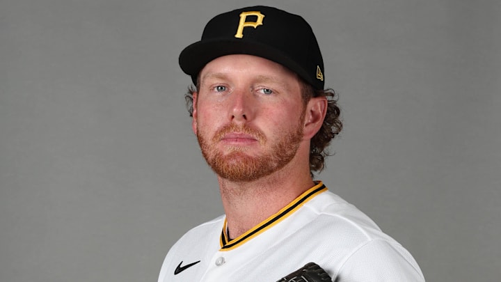 Feb 18, 2026; Bradenton, FL, USA; Pittsburgh Pirates pitcher Noah Davis (56) poses for a photo during media day at Pirate City. Mandatory Credit: Kim Klement Neitzel-Imagn Images