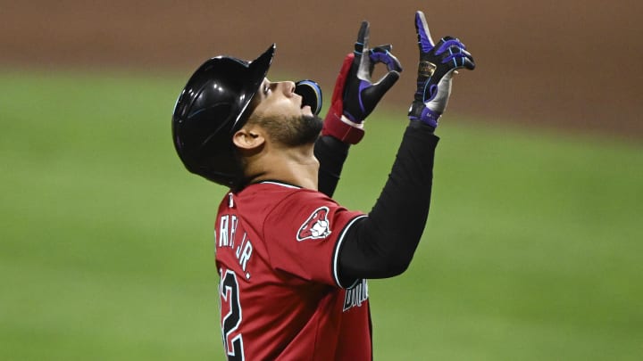 Jun 6, 2024; San Diego, California, USA; Arizona Diamondbacks left fielder Lourdes Gurriel Jr. (12) celebrates after hitting a solo home run during the seventh inning against the San Diego Padres at Petco Park. Mandatory Credit: Denis Poroy-USA TODAY Sports at Petco Park. Jun 6, 2024; San Diego, California, USA; Arizona Diamondbacks left fielder Lourdes Gurriel Jr. (12) celebrates after hitting a solo home run during the seventh inning against the San Diego Padres at Petco Park. Mandatory Credit: Denis Poroy-USA TODAY Sports at Petco Park.
