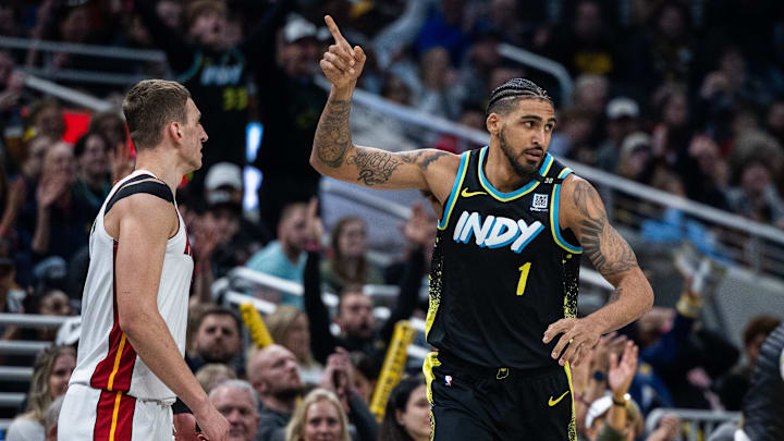Apr 7, 2024; Indianapolis, Indiana, USA;  Indiana Pacers forward Obi Toppin (1) celebrates a made shot in the second half against the Miami Heat at Gainbridge Fieldhouse. Mandatory Credit: Trevor Ruszkowski-USA TODAY Sports
