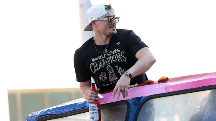 Nov 1, 2024; Los Angeles, CA, USA; Los Angeles Dodgers outfielder Enrique Hernandez celebrates with fans during the 2024 World Series Championship parade in downtown Los Angeles. Nov 1, 2024; Los Angeles, CA, USA; Los Angeles Dodgers outfielder Enrique Hernandez celebrates with fans during the 2024 World Series Championship parade in downtown Los Angeles.