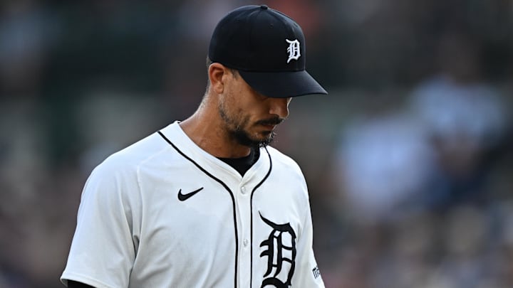 Aug 9, 2025; Detroit, Michigan, USA;  Detroit Tigers starting pitcher Charlie Morton (50) walks off the field after being pulled from the game against the Los Angeles Angels in the fifth inning at Comerica Park. Mandatory Credit: Lon Horwedel-Imagn Images