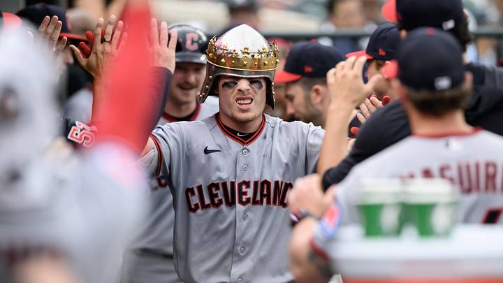 May 19, 2026; Detroit, Michigan, USA; Cleveland Guardians second baseman Travis Bazzana (37) celebrates in the dugout after hitting a two-run home run against the Detroit Tigers in the fourth inning at Comerica Park. Mandatory Credit: Lon Horwedel-Imagn Images