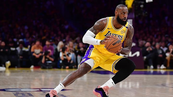 Apr 30, 2025; Los Angeles, California, USA; Los Angeles Lakers forward LeBron James (23) controls the ball against the Minnesota Timberwolves during the first half in game five of first round for the 2025 NBA Playoffs at Crypto.com Arena. Mandatory Credit: Gary A. Vasquez-Imagn Images Apr 30, 2025; Los Angeles, California, USA; Los Angeles Lakers forward LeBron James (23) controls the ball against the Minnesota Timberwolves during the first half in game five of first round for the 2025 NBA Playoffs at Crypto.com Arena. Mandatory Credit: Gary A. Vasquez-Imagn Images