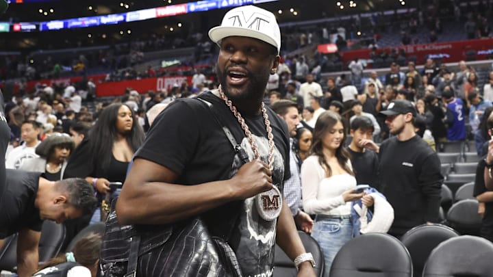 Former professional boxer Floyd Mayweather Jr. walks off the court after a game between the LA Clippers and the Memphis Grizzlies at Crypto.com Arena. Former professional boxer Floyd Mayweather Jr. walks off the court after a game between the LA Clippers and the Memphis Grizzlies at Crypto.com Arena.