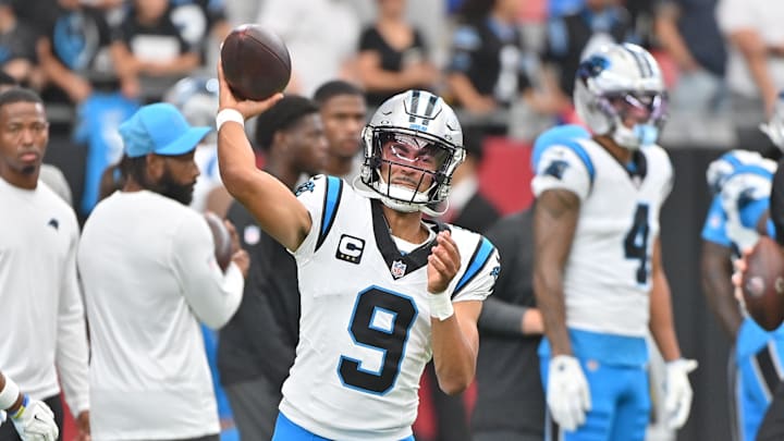 Sep 14, 2025; Glendale, Arizona, USA;  Carolina Panthers quarterback Bryce Young (9) warms up prior to the first half against the Arizona Cardinals at State Farm Stadium. Mandatory Credit: Matt Kartozian-Imagn Images