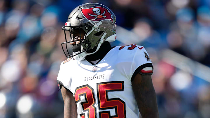 Jan 7, 2024; Charlotte, North Carolina, USA; Tampa Bay Buccaneers cornerback Jamel Dean (35) during the first quarter against the Carolina Panthers at Bank of America Stadium. Mandatory Credit: Jim Dedmon-Imagn Images