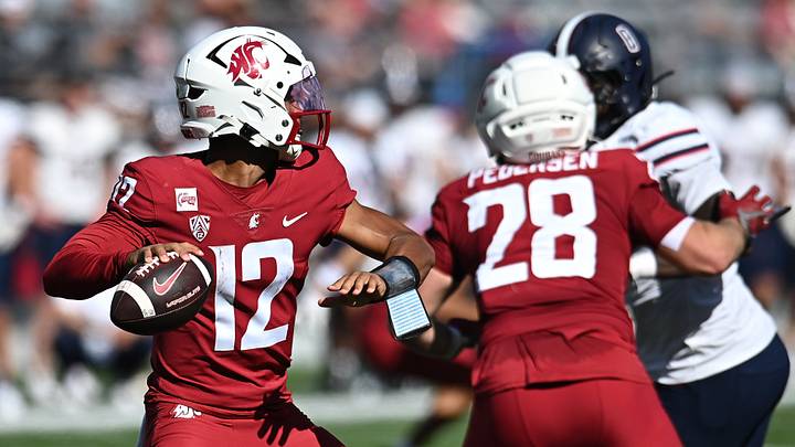 Washington State Cougars quarterback Caden Pinnick (12) throws against the Duquesne Dukes during the second half at Gesa Field at Martin Stadium. Washington State Cougars quarterback Caden Pinnick (12) throws against the Duquesne Dukes during the second half at Gesa Field at Martin Stadium.