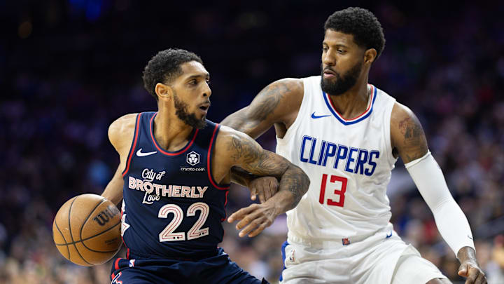 Mar 27, 2024; Philadelphia, Pennsylvania, USA; Philadelphia 76ers guard Cameron Payne (22) drives