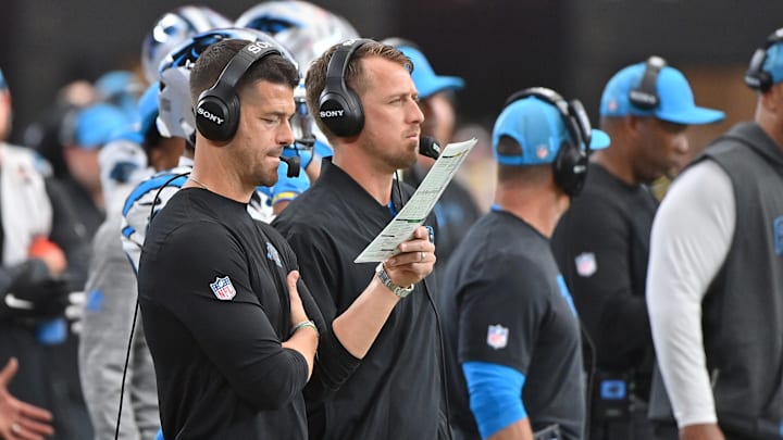 Sep 14, 2025; Glendale, Arizona, USA;  Carolina Panthers head coach Dave Canales  looks on during the third quarter against the Arizona Cardinals at State Farm Stadium. 