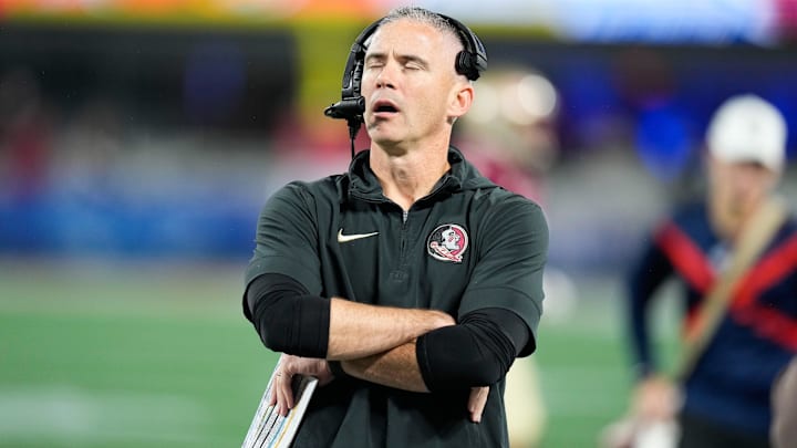 Dec 2, 2023; Charlotte, NC, USA; Florida State Seminoles head coach Mike Norvell reacts on the sidelines during the second quarter against the Louisville Cardinalsat Bank of America Stadium. Mandatory Credit: Jim Dedmon-Imagn Images