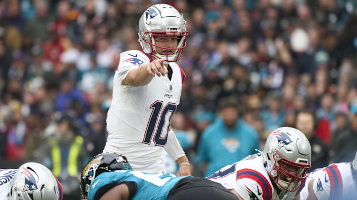 Oct 20, 2024; London, United Kingdom; New England Patriots quarterback Drake Maye (10) in the first half during an NFL International Series game at Wembley Stadium. Mandatory Credit: Peter van den Berg-Imagn Images