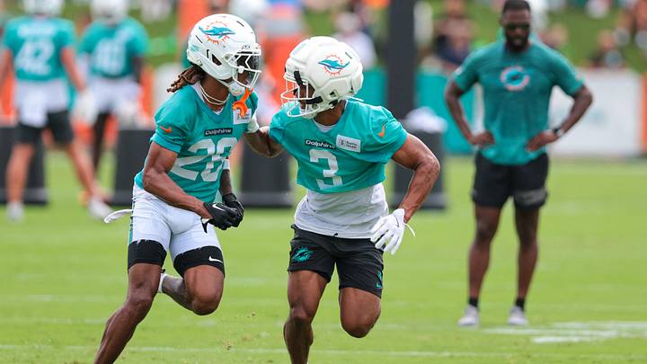Miami Dolphins cornerback Alex Austin (26) and cornerback Chris Johnson (3) work during practice at the Baptist Health Training Complex. Miami Dolphins cornerback Alex Austin (26) and cornerback Chris Johnson (3) work during practice at the Baptist Health Training Complex.