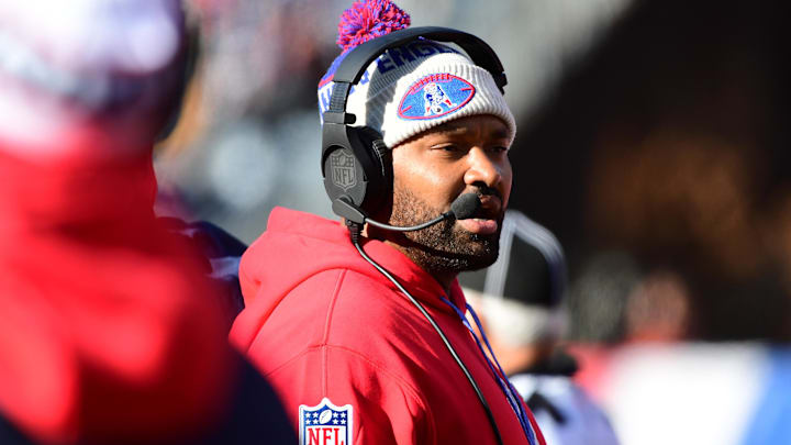 Dec 1, 2024; Foxborough, Massachusetts, USA;  New England Patriots head coach Jerod Mayo during the first half against the Indianapolis Colts at Gillette Stadium. Mandatory Credit: Bob DeChiara-Imagn Images