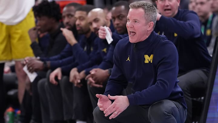 Michigan head coach Dusty May is shown during the second half of their semifinal game in the Big Ten tournament Saturday, March 14, 2026 at the United Center in Chicago, Illinois. Michigan beat Wisconsin 68-65.