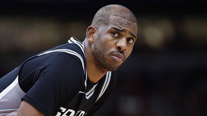 Jan 6, 2025; Chicago, Illinois, USA; San Antonio Spurs guard Chris Paul (3) looks on during the second half at United Center. Jan 6, 2025; Chicago, Illinois, USA; San Antonio Spurs guard Chris Paul (3) looks on during the second half at United Center.