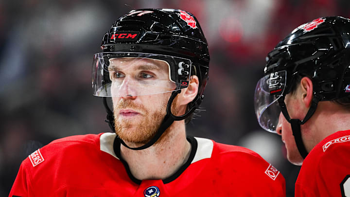 Team Canada forward Connor McDavid looks on against Team Sweden in the 4 Nations Face-Off. Team Canada forward Connor McDavid looks on against Team Sweden in the 4 Nations Face-Off.