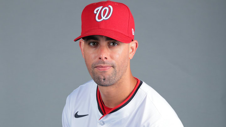 Feb 21, 2025; West Palm Beach, FL, USA; Washington Nationals relief pitcher Jorge Lopez (21) poses for a photo during picture day at CACTI Park of the Palm Beaches. Feb 21, 2025; West Palm Beach, FL, USA; Washington Nationals relief pitcher Jorge Lopez (21) poses for a photo during picture day at CACTI Park of the Palm Beaches.