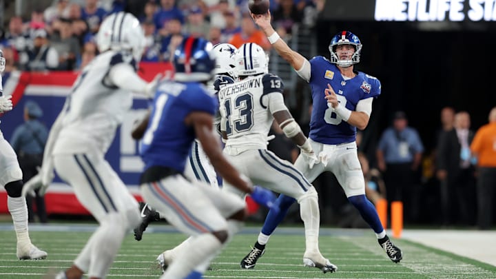 Sep 26, 2024; East Rutherford, New Jersey, USA; New York Giants quarterback Daniel Jones (8) throws a pass against the Dallas Cowboys during the fourth quarter at MetLife Stadium. Sep 26, 2024; East Rutherford, New Jersey, USA; New York Giants quarterback Daniel Jones (8) throws a pass against the Dallas Cowboys during the fourth quarter at MetLife Stadium.