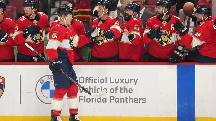 Sep 20, 2026; Sunrise, Florida, USA; Florida Panthers left wing Brady Tkachuk (8) celebrates a goal against the Carolina Hurricanes during the first period at Amerant Bank Arena. Mandatory Credit: Jim Rassol-Imagn Images Sep 20, 2026; Sunrise, Florida, USA; Florida Panthers left wing Brady Tkachuk (8) celebrates a goal against the Carolina Hurricanes during the first period at Amerant Bank Arena. Mandatory Credit: Jim Rassol-Imagn Images