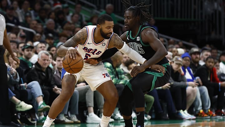Dec 1, 2023; Boston, Massachusetts, USA; Philadelphia 76ers forward Marcus Morris Sr. (5) tries to hold off Boston Celtics guard Jrue Holiday (4) during the second half at TD Garden. Mandatory Credit: Winslow Townson-Imagn Images Dec 1, 2023; Boston, Massachusetts, USA; Philadelphia 76ers forward Marcus Morris Sr. (5) tries to hold off Boston Celtics guard Jrue Holiday (4) during the second half at TD Garden. Mandatory Credit: Winslow Townson-Imagn Images