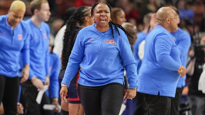Mar 7, 2025; Greenville, SC, USA; Ole Miss Rebels head coach Yolett McPhee-McCuin reacts to a play during the first half against the Texas Longhorns at Bon Secours Wellness Arena. Mandatory Credit: Jim Dedmon-Imagn Images Mar 7, 2025; Greenville, SC, USA; Ole Miss Rebels head coach Yolett McPhee-McCuin reacts to a play during the first half against the Texas Longhorns at Bon Secours Wellness Arena. Mandatory Credit: Jim Dedmon-Imagn Images