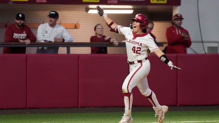 Oklahoma's Gabbie Garcia (42) celebrates a home run during the college softball game between the Oklahoma Sooners and the Georgia Bulldogs at Love's Field in Norman, Okla., Friday, April, 24, 2026.