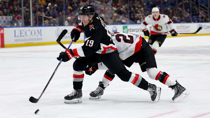 Jan 11, 2024; Buffalo, New York, USA;  Buffalo Sabres center Peyton Krebs (19) takes a shot on goal