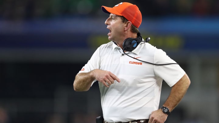 Dec 29, 2018; Arlington, TX, United States; Clemson Tigers head coach Dabo Swinney argues a call in the second half against the Notre Dame Fighting Irish in the 2018 Cotton Bowl college football playoff semifinal game at AT&T Stadium. Dec 29, 2018; Arlington, TX, United States; Clemson Tigers head coach Dabo Swinney argues a call in the second half against the Notre Dame Fighting Irish in the 2018 Cotton Bowl college football playoff semifinal game at AT&T Stadium.
