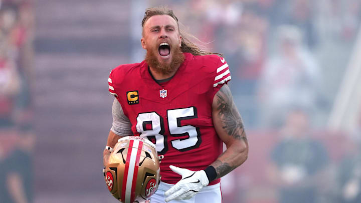San Francisco 49ers tight end George Kittle reacts before the game against the Atlanta Falcons.